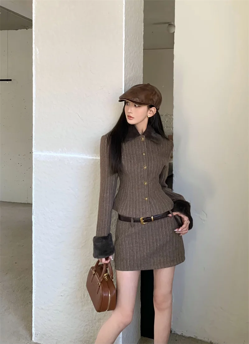 Fall Winter Women French Old Money Maillard Office Lady Elegant Outfits 2 Piece Set Single-breasted Striped Jacket + Mini Skirt