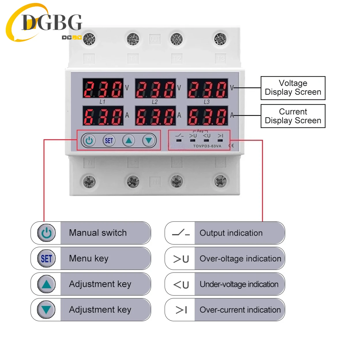 TOVPD3-63VA Din Rail 3 Phase Adjustable Over and Under Voltage Protector Relay with Current Protection 3*220V 380V