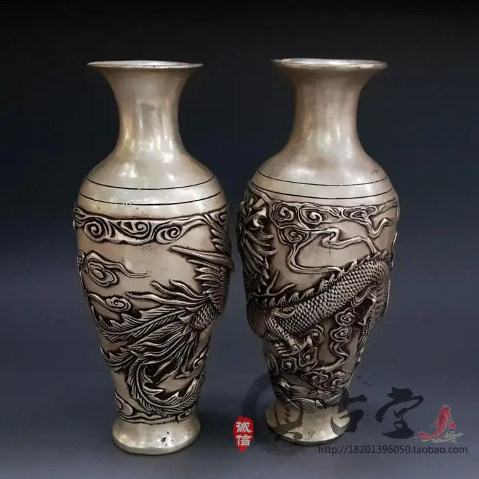 Antique Bronze, White Copper, Brass, Silver-plated Large Dragon And Phoenix Vase, A Pair Of Dragon And Phoenix Chengxiang Home D