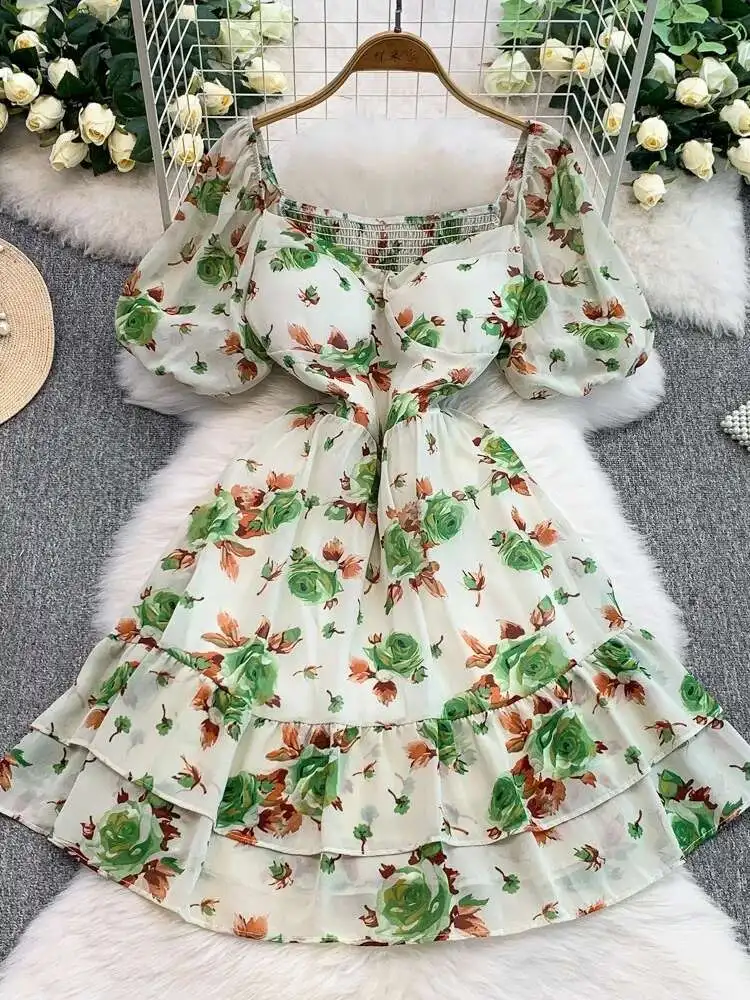 Vestido curto vintage francês feminino, estampa rosa, gravata quadrada, almofada no peito, vestidos de praia, verão, em camadas, robe curto