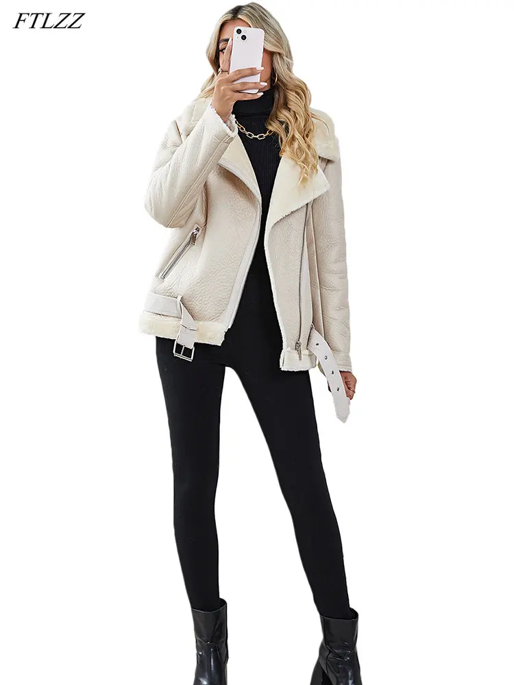 FTLZZ Autumn Winter Women Moto Biker Faux Sheepskin Fur Jacket with Belt Turn Down Collar Zipper Thick Warm Female Coat Outwear