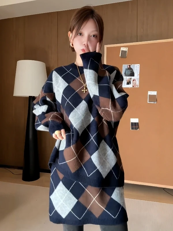 plus Size Women's Korean Style Fashion Knitted Sweater Set Autumn Winter Warm Retro Diamond Pattern Two Piece Ensemble