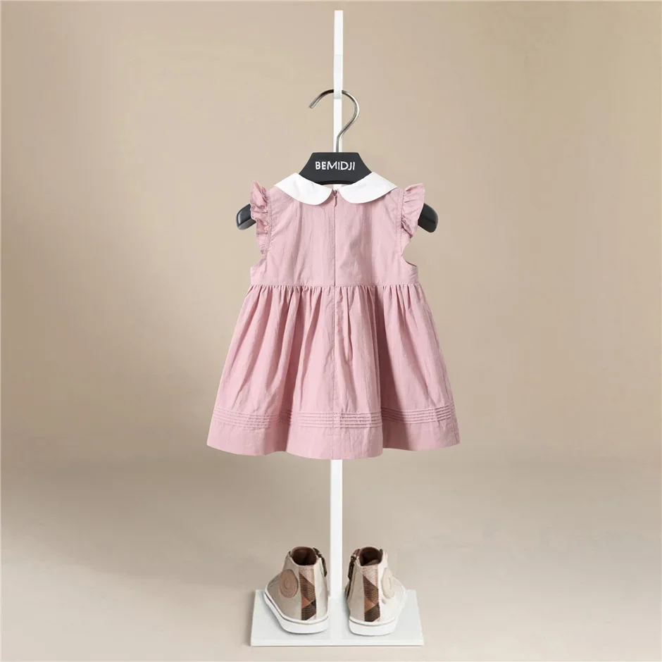 Kids Dress for  Summer Flying Sleeves Pink Vestidos for Girls Children’s Clothes Cotton Solid Color Pretty and Elegant Dress