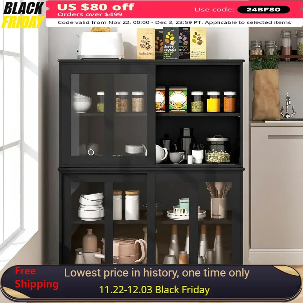 Kitchen Pantry Cabinet Adjustable Shelf  Coffee Bar Cabinet Glass Sliding Doors Pantry Furniture Set of 2