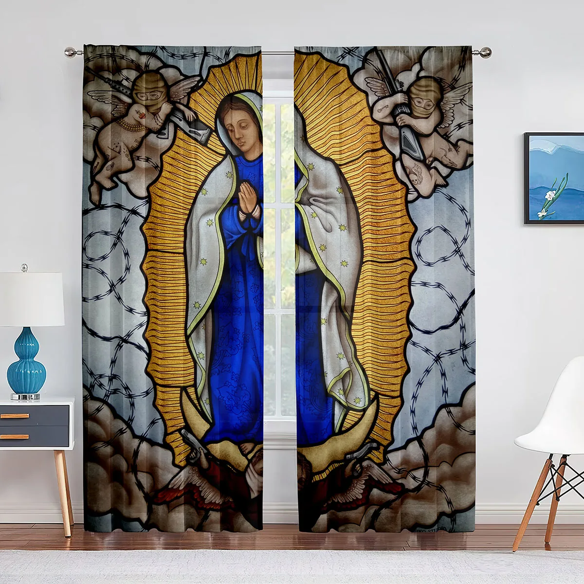 Our Lady Guadalupe Mexican Saint Virgin Mary Floral Sheer Voile Curtains for Bedroom Living Room Kitchen Chiffon Tulle Curtains