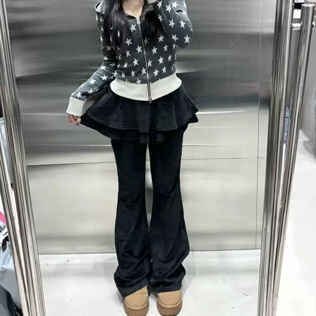 تنورة مخملية لطيفة بحاشية بلون واحد، بنطلون واسع من قطعتين، بنطلون طويل نسائي على الطراز الياباني الحلو، بنطلون كاجوال محبوك ...