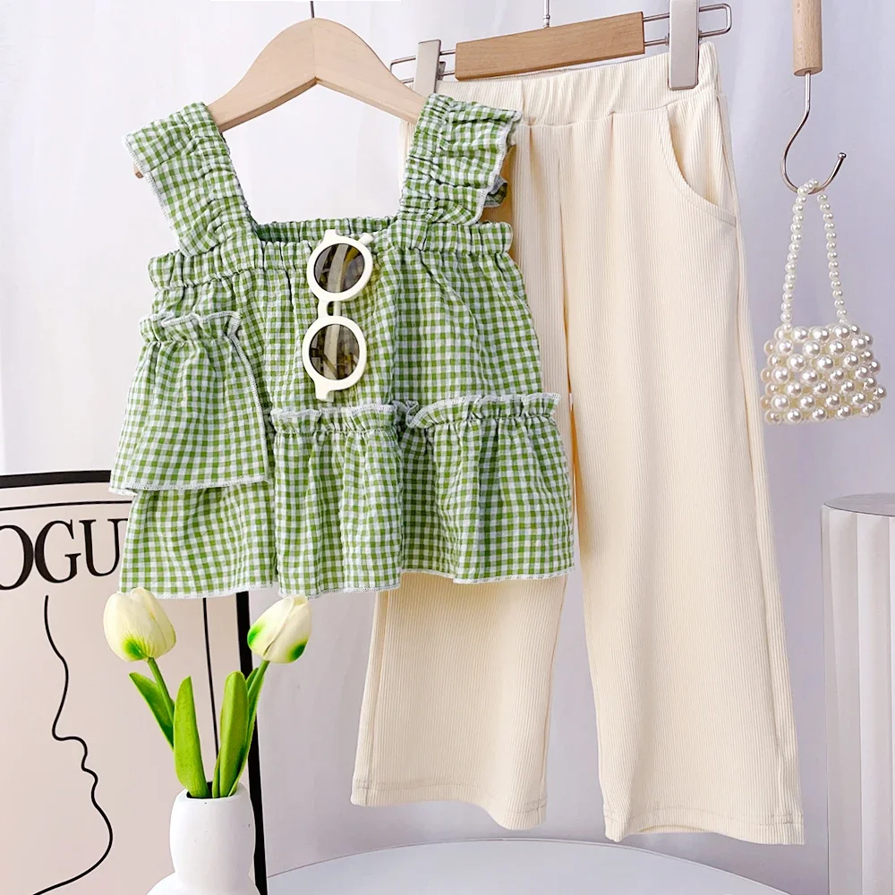 

Summer New Girls Daily Casual Clothing Sleeveless Checked Tank Top + Solid Pants 2 Pcs Set 3-7 Years Kids Fashion Cute Wear