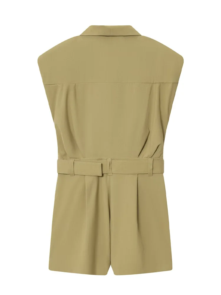 HH 女性エレガントなスリムショルダーパッドショートベルト装飾ボタンジャンプスーツ女性夏固体ノースリーブジッパージャンプスーツ Mujer