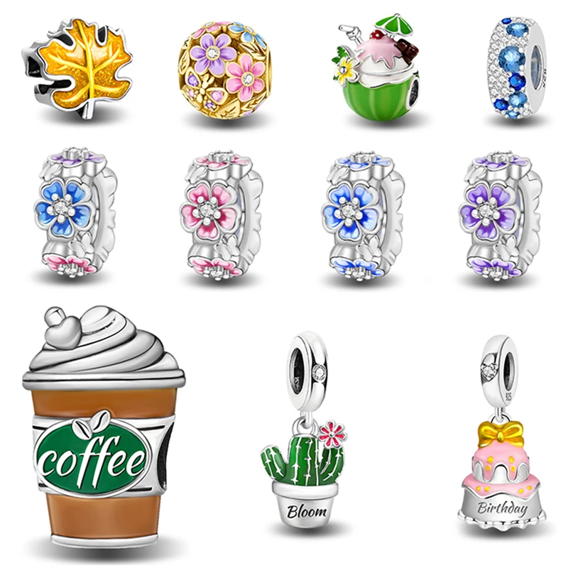 925er Sterlingsilber, Kaffee-Kaktus-Blumen-Kuchen-Anhänger, Perle, DIY-Armband, Armreif, Geschenk für hochwertigen edlen Schmuck