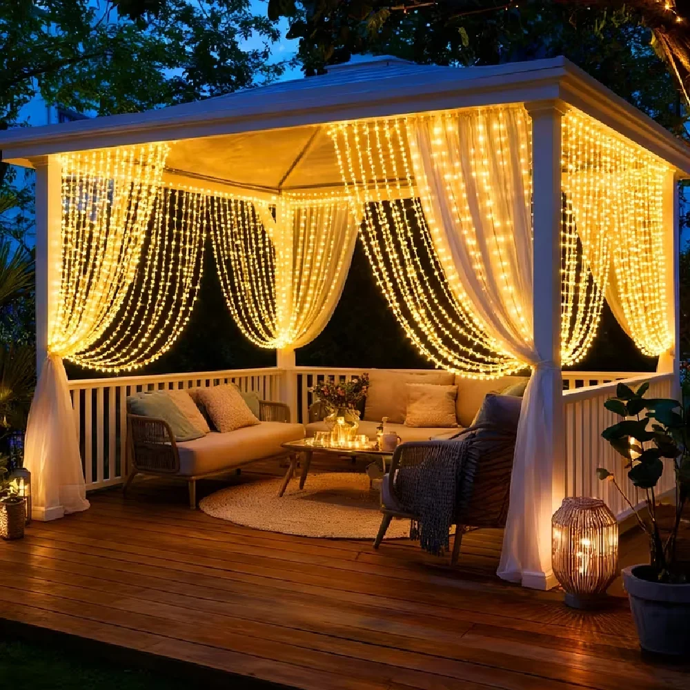Solar-powered Fairy Curtain Lights 300/200/100LED Outdoor Light Strip 8 Flashing Modes for Garden Yard Wedding Party Balcony