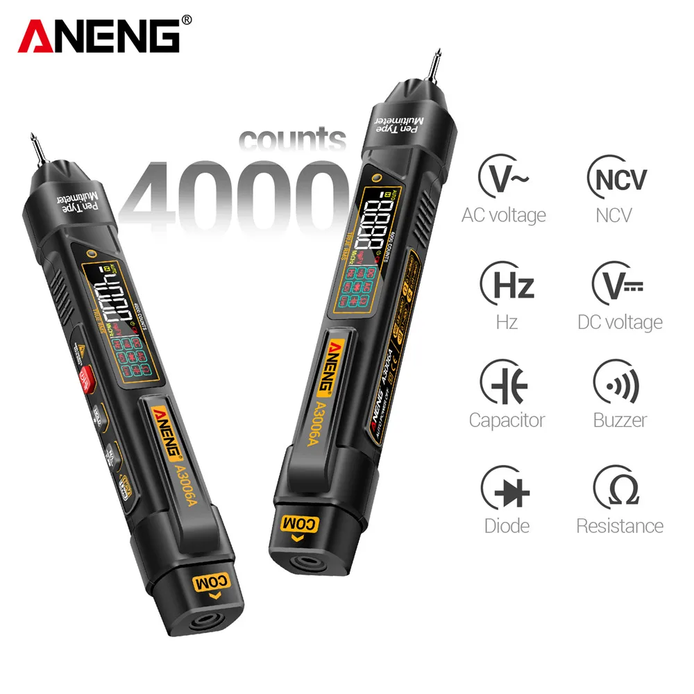 

Цифровой мультиметр-ручка ANENG A3006A, 4000 измерений, измерение напряжения AC/DC, бесконтактное индуктивное измерение электричества, частоты, диодов, сопротивления, тестер-инструмент