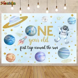 Mocsicka First Trip Around the Sun Baby 1st Birthday Backdrop Space Astronaut Theme One Cake Smash Party Decor Background Banner