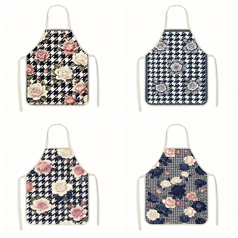 

Houndstooth Floral Aprons Linen apron, suitable for kitchen cooking, parent-child interaction, painting and other scenarios