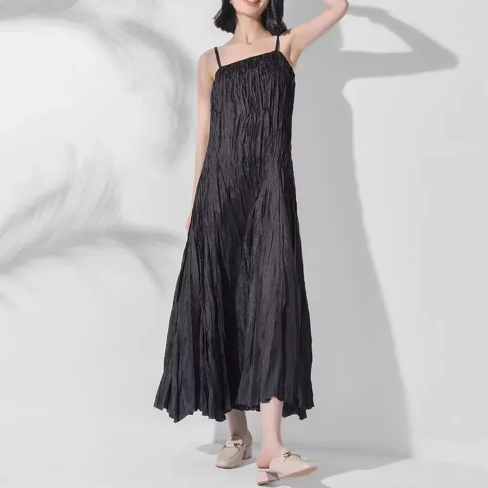 

Miyake Style Fashionable Handmade Pleated Suspender Dress for Women with Loose Shoulder Straps and Adjustable Large Hem Skirt