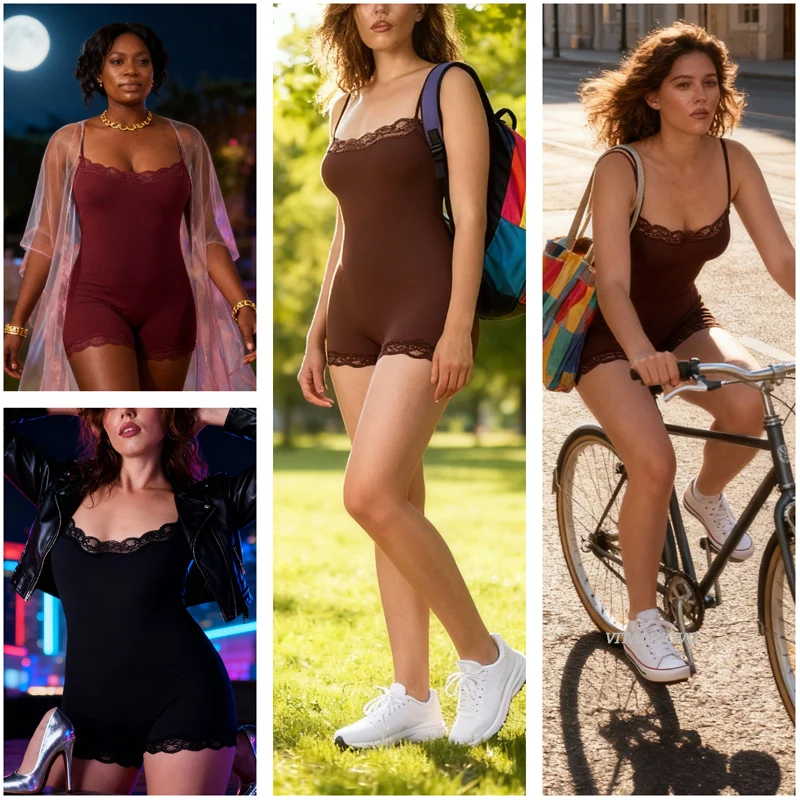 VITALINOVO Damen-Strampler, quadratischer Ausschnitt, Spitzenbesatz, kurzer Strampler, Onesie, ärmellos, Spaghettiträger, quadratischer Ausschnitt, Tank-Top, einteiliger Pyjama – Detail 9