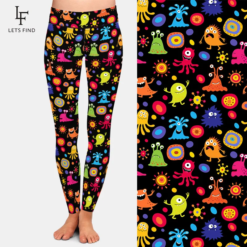 LETSFIND 2020 Cute Cartoon Monsters Printing Women Soft Slim  Pants High Waist Fitness Elastic Leggings