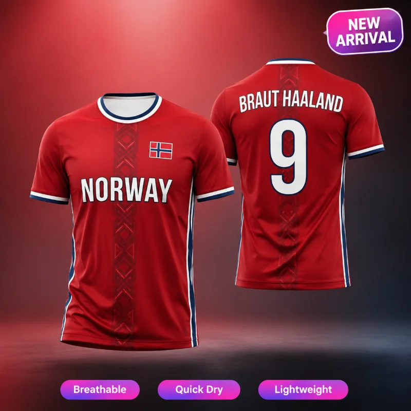 2026 ノルウェー国旗プリント ユニセックス半袖Tシャツ 3DプリントTシャツ アウトドアフットボールスーツ スポーツトップ 速乾性 通気性 1