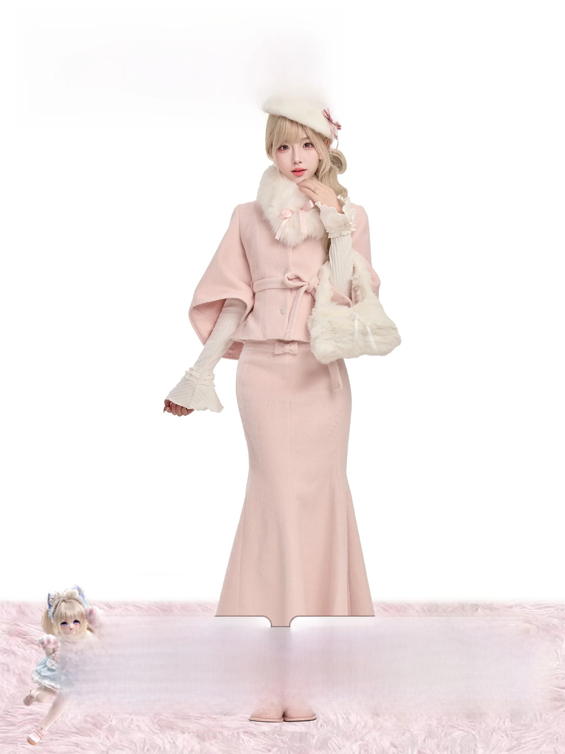 Sweet Style Coconut Girl Velvet Snow Love Knitted Woolen Coat Skirt Set Fish Tail Skirt Long Sleeve Thick Autumn Fashion for ...