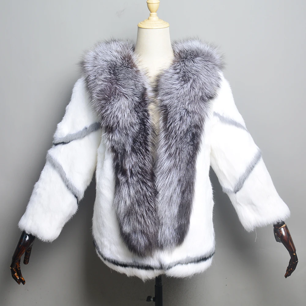 New Arrival Fashion Women Winter 100% Real Full Pelt Rabbit Fur Coat with luxury Fox Fur Collar Women Coat