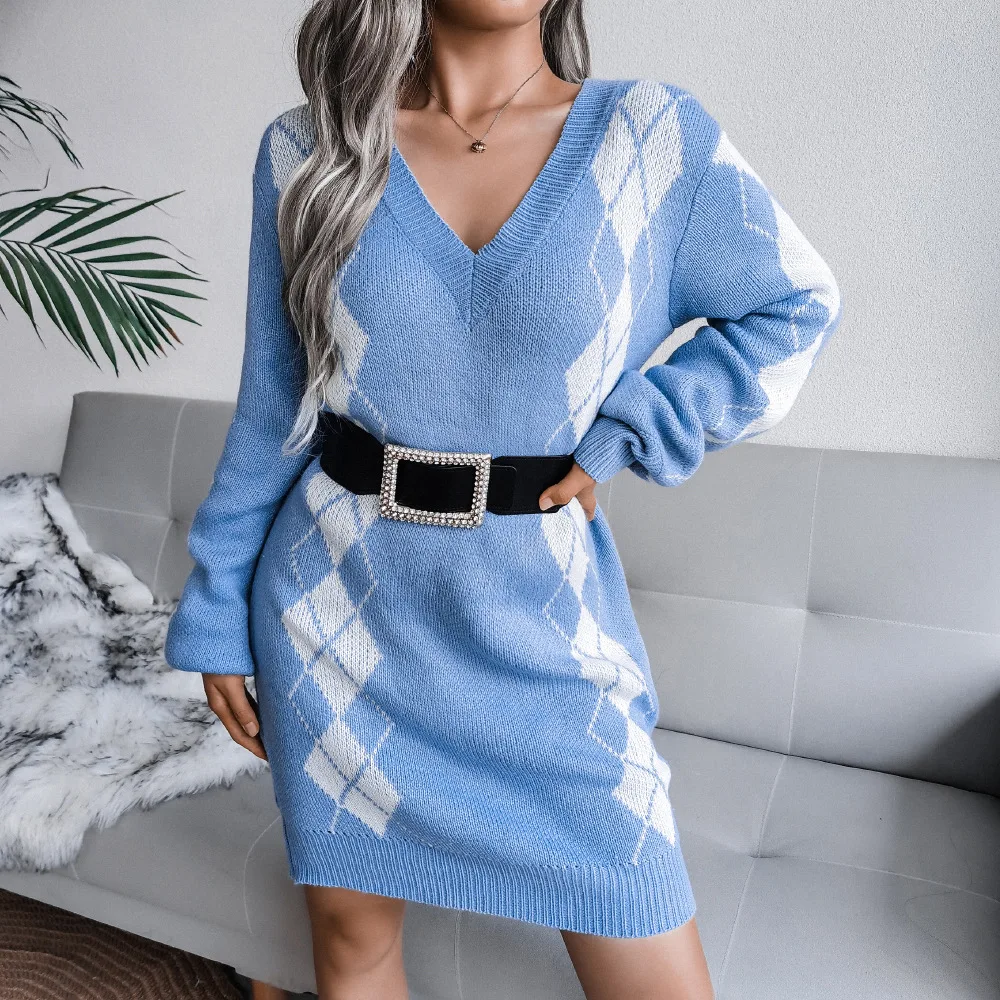 2023 Fall Winter Women New Rhombus Sweater Dress For Ladies V Neck Long Sleeve Loose Casual Knit Dress