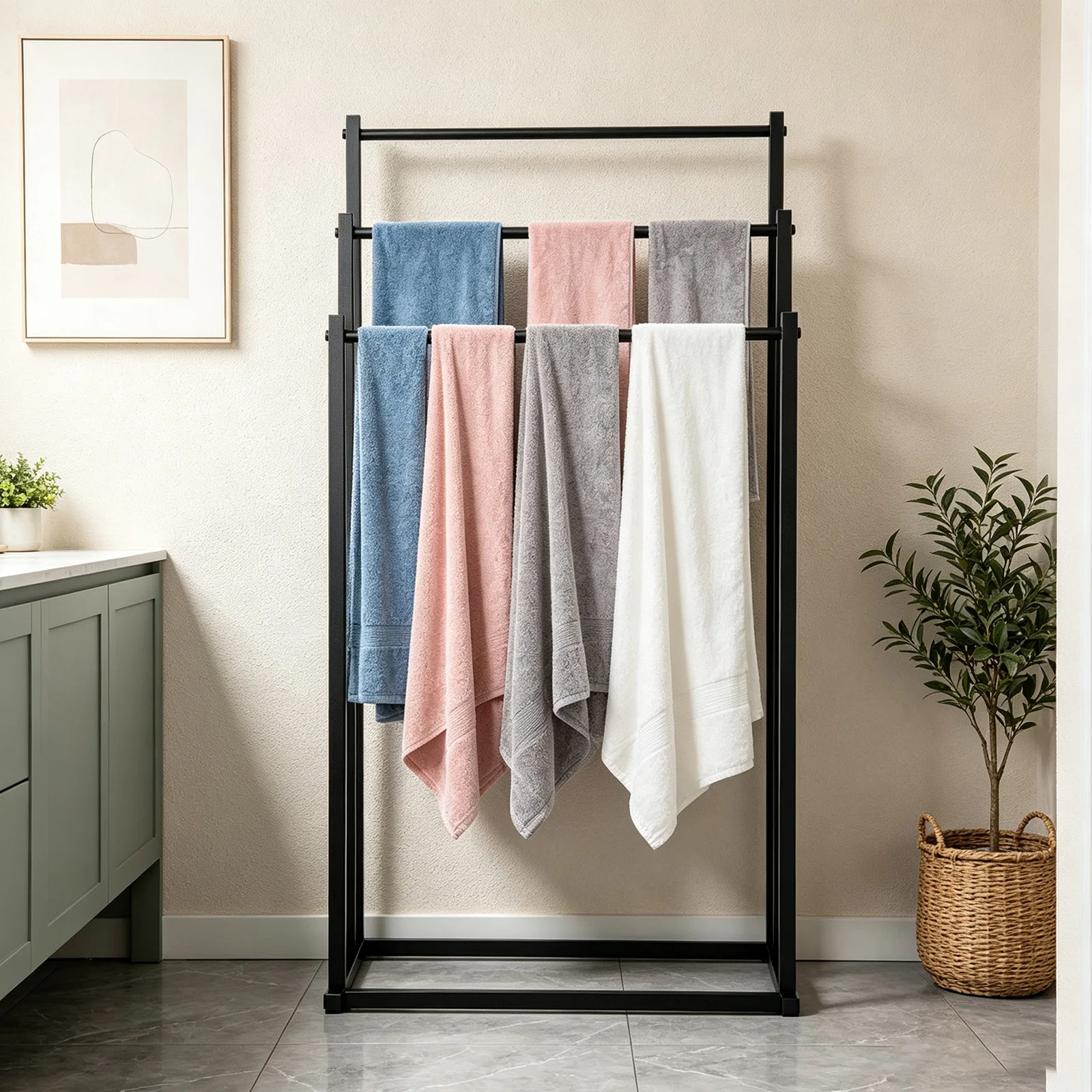 Portasciugamani da bagno a 3 livelli, scaffale autoportante in acciaio al carbonio con protezione dall'umidità, scaffale organizer da pavimento per la biancheria
