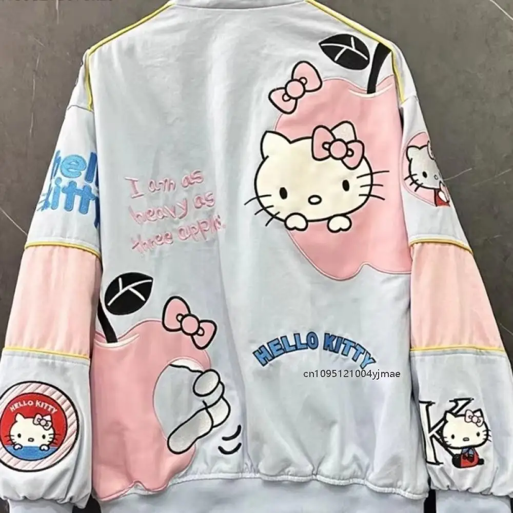 여성용 만화 헬로 키티 자수 자켓 Sanrio 한국어 버전 스타일 패션 트렌드 자켓 여성 느슨한 통근 블루 코트