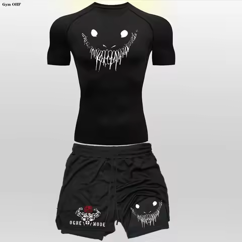 Anime Funny Face 2 in 1 Shorts T Shirt Suits Men's Fitness Breathable Second Skin Compression Shirts Sets Gym Double Deck Shorts