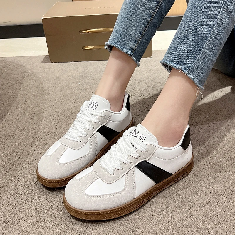 New Women\'s Vulcanize Shoes Design Korean Round Toe Lace Up Genuine Sports Casual Women\'s Sneaker Shoes for Holiday Working