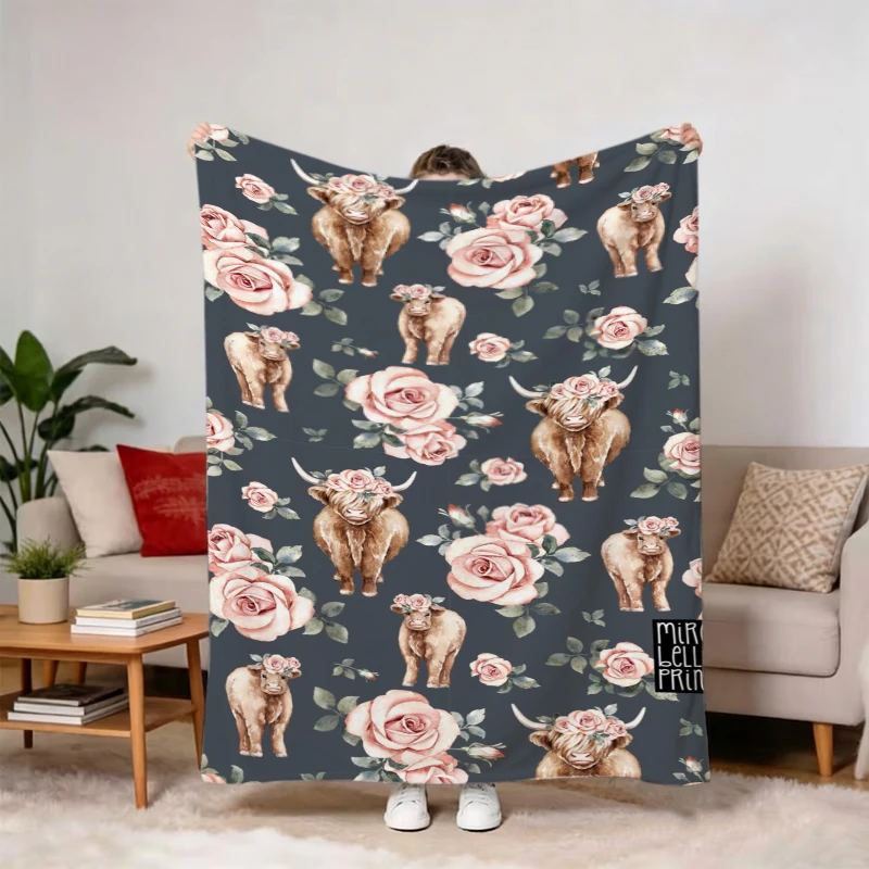Highland Cow Rose Flower Rustic Vintage Fleece Blanket For Farmhouse Bedroom Decor Lightweight Plush Throw Blanket Cover