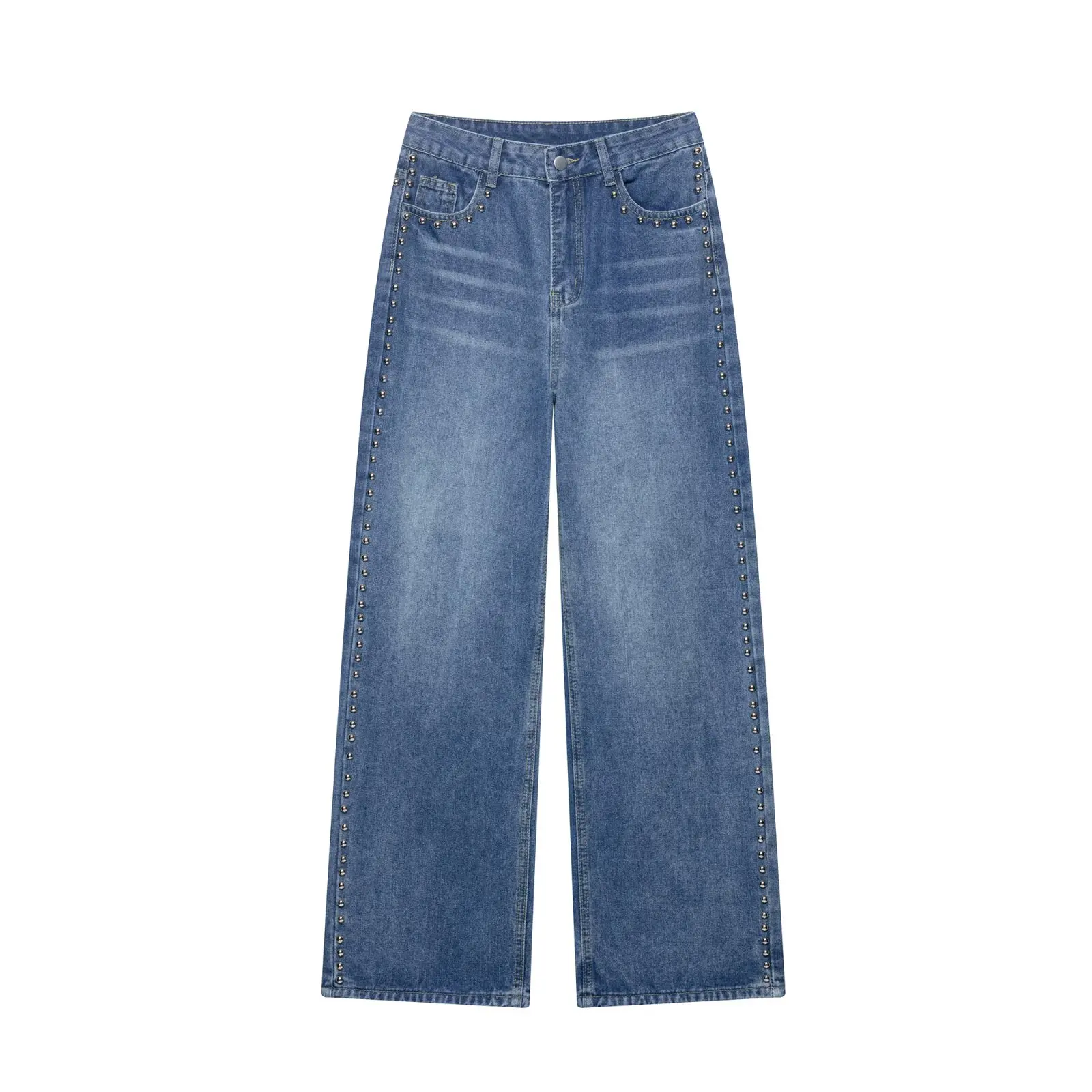 

Women's 2025 new fashion rivet decoration loose versatile casual jeans retro high waisted zipper women's jeans
