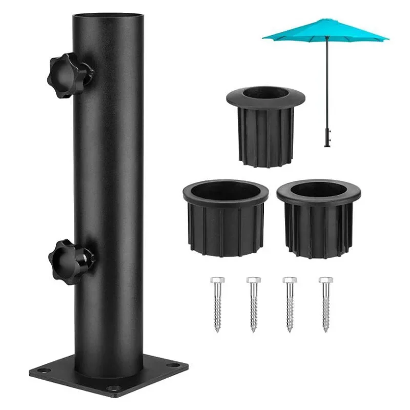 Outdoor umbrella supporting products are fixed on the cement and wooden floor, black base accessories, adjustable sun umbrella b