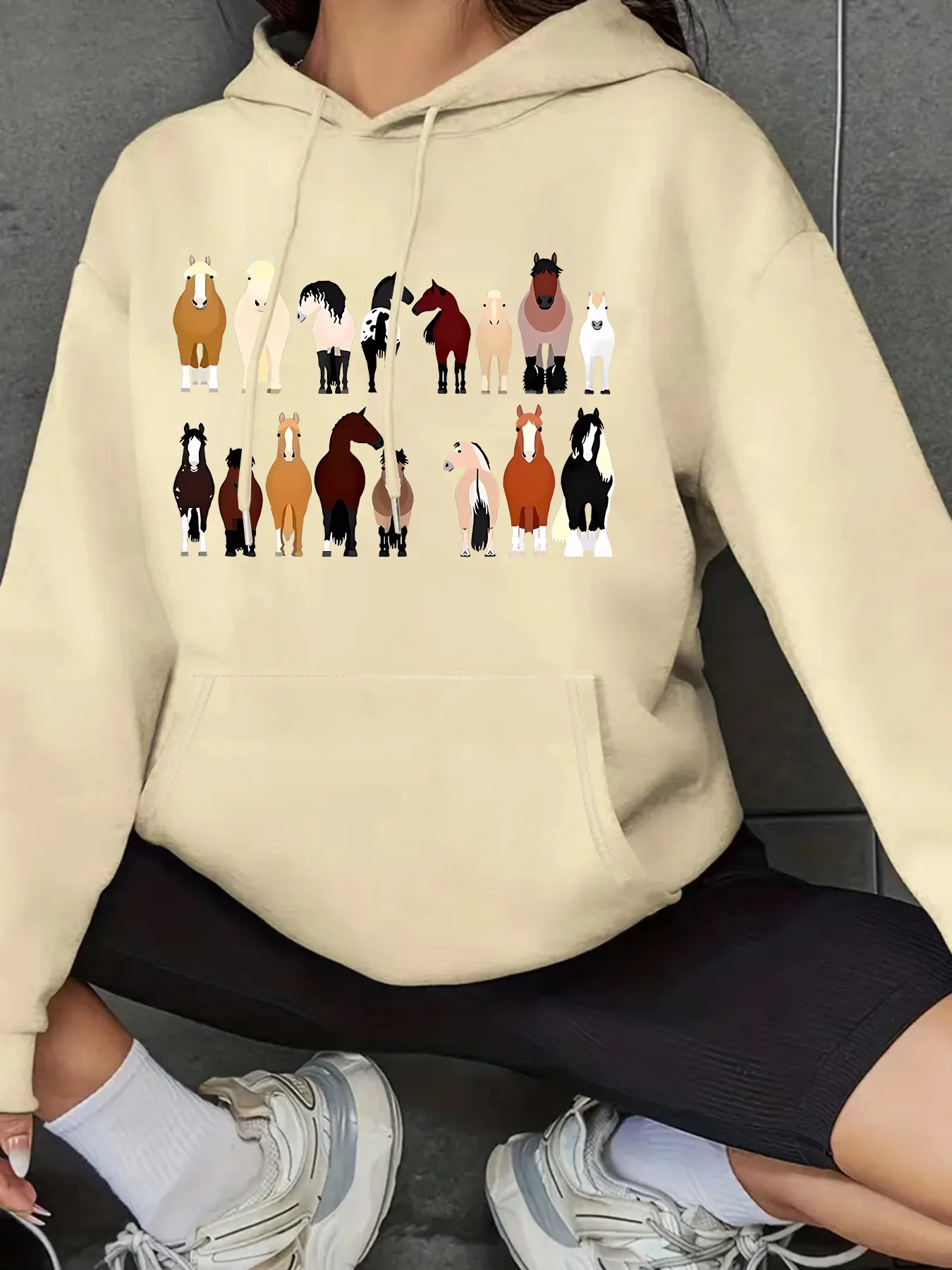 Cartoon Horses Pattern Drawstring Hooded Sweatshirt Long Sleeves Kangaroo Pocket Casual Hoodie Comfortable Women\'s Activewear