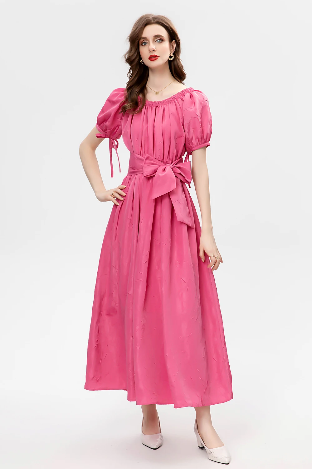 Women's Runway Dresses Scoop Neckline Short Sleeves Sash Bow Belt Fashion Designer Long Vestidos