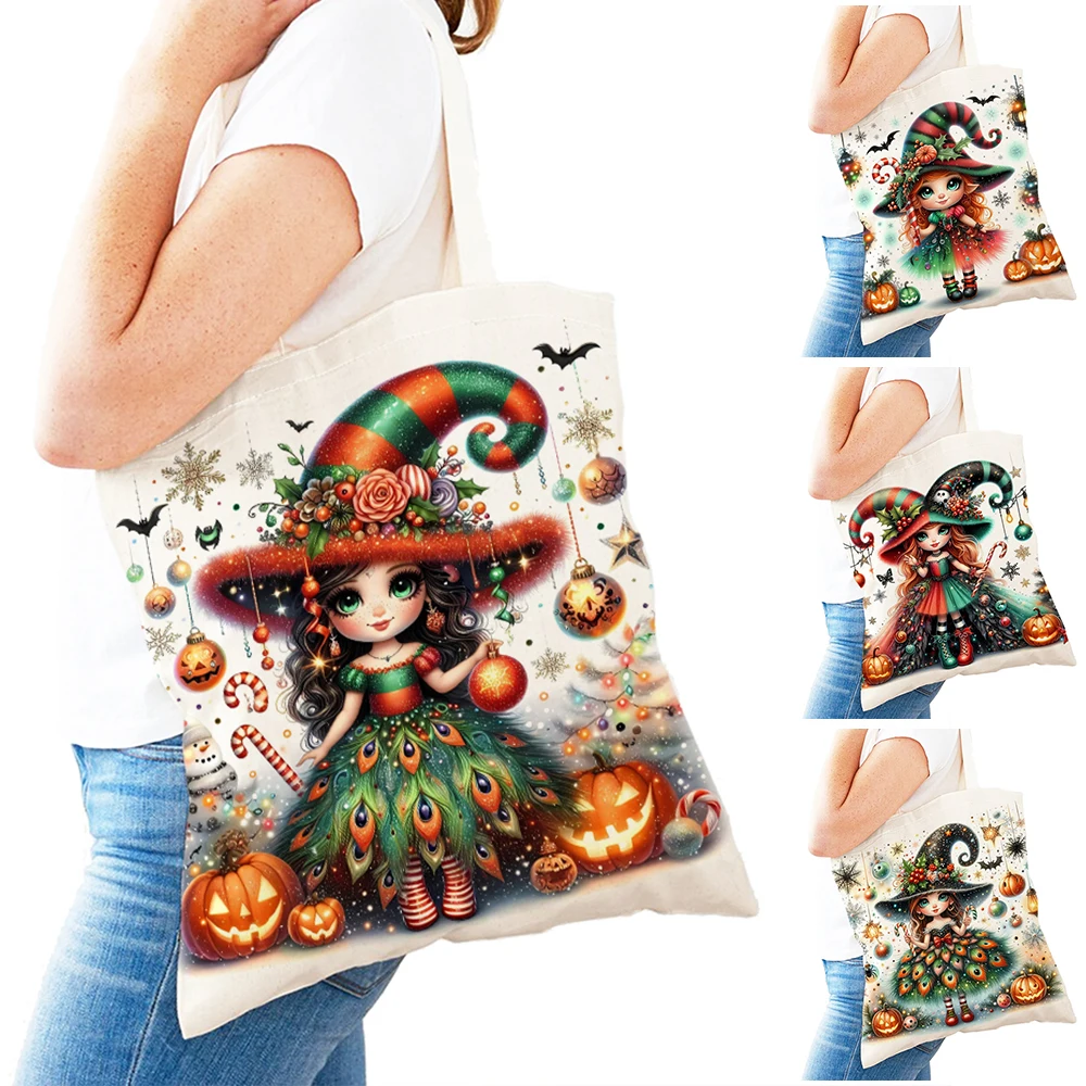 

Halloween Pumpkin Witch Girl Shopping Bags Double Print Cartoon Children Handbag Lady Shoulder Tote Reusable Women Shopper Bag