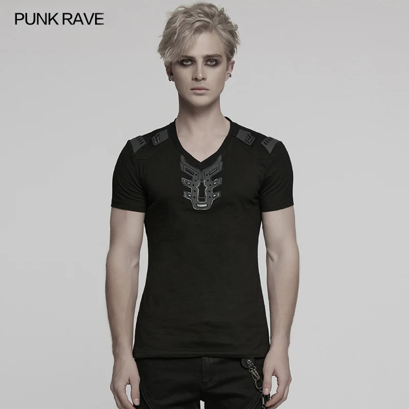

PUNK RAVE Мужская футболка Cyber Punk с короткими рукавами, футуристическая авангардная футболка V-образной формы, черные резиновые футболки с нашивками, уличная одежда