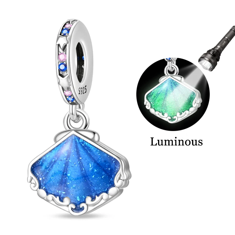 New 925 Sterling Silver Luminous Deep Sea Blue Shell Charms Pendant Fit Original Bracelet DIY Women Engagement Jewelry Gift