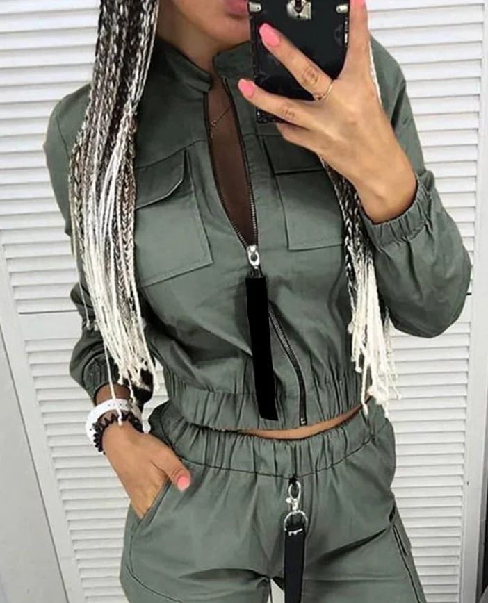 Women Sports Style Set 2024 Spring/summer Latest Casual Pockets Zipper Decoration Design Ruched Long Sleeve Coat&cargo Pants Set