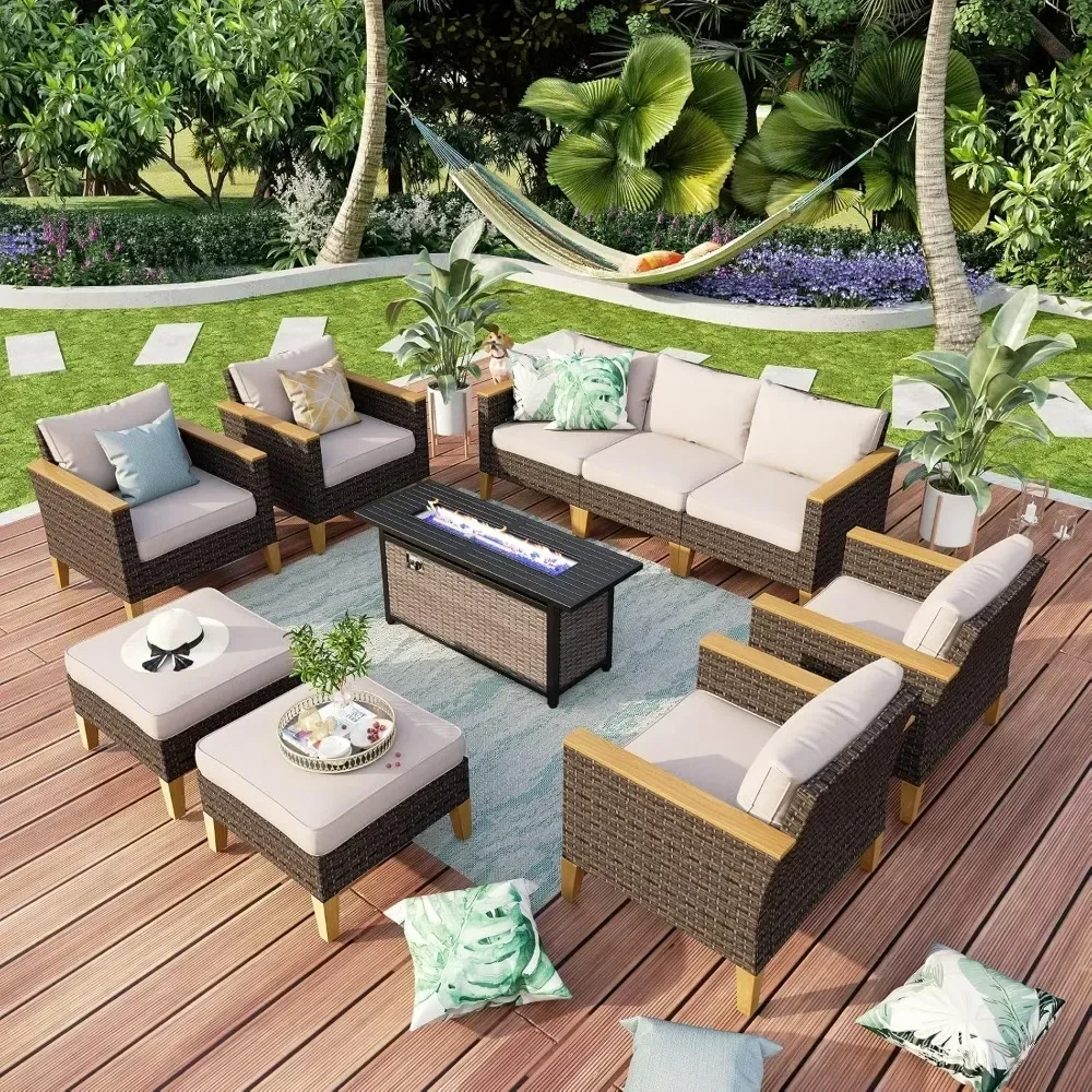 

9 Piece Wicker Patio Furniture Set with 56" Fire Pit Table, Sectional Sofa Conversation Set with 50000 BTU CSA Fire Pit Table