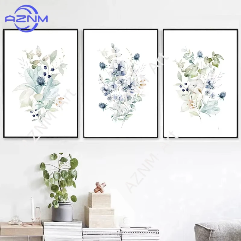 1/3 Stück blaue Blumenmalerei auf Leinwand, Wildblumenstrauß, Blumenpflanzen-Poster, Wohnzimmerdekoration, Wandgemälde