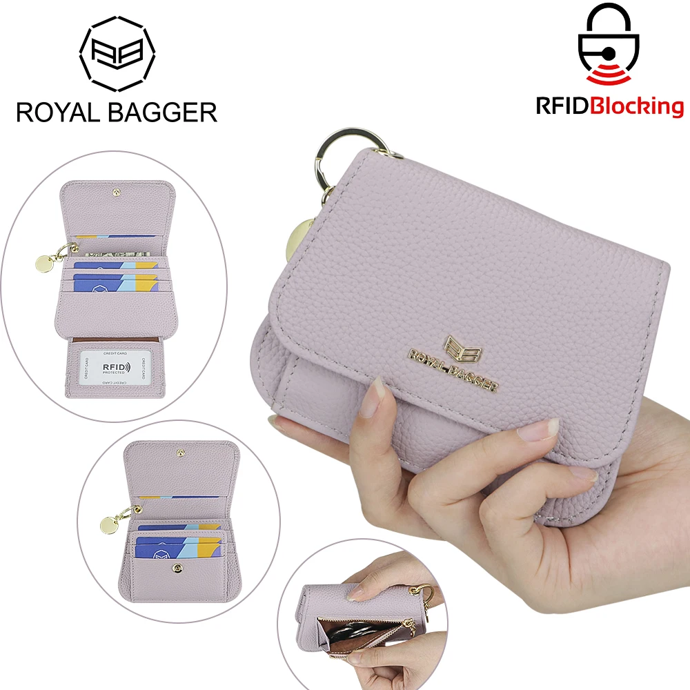 

Royal Bagger Multi-card Slots Short Wallet Genuine Leather Credit Card Holder RFID Blocking Coin Purse with Keychain 2443