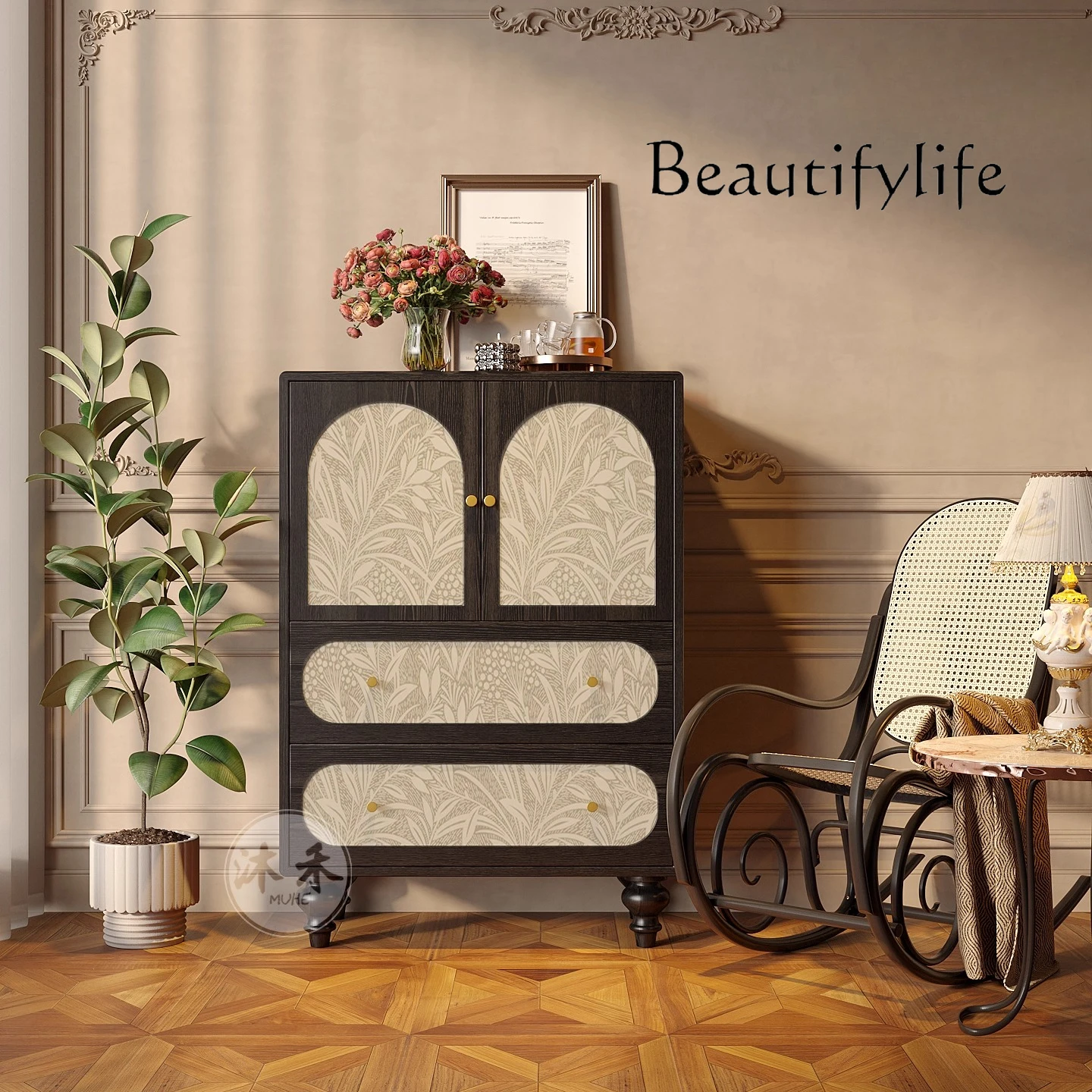 

French simple light luxury solid wood chest cabinet living room wall drawer cabinet retro bedroom home locker