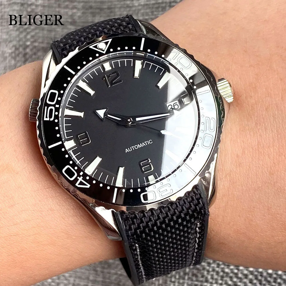 

BLIGER Luxury 41mm NH35A Miyota Automatic Mens Watch Sapphire Glass Luminous Index Rubber Band Black Dial Ceramic Bezel