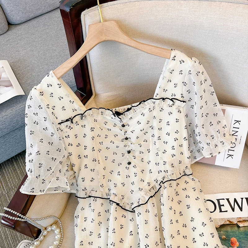 Plus-size women\'s summer loose comfortable short-sleeved dress oversized bow lace-up commuter print long dress travel clothing