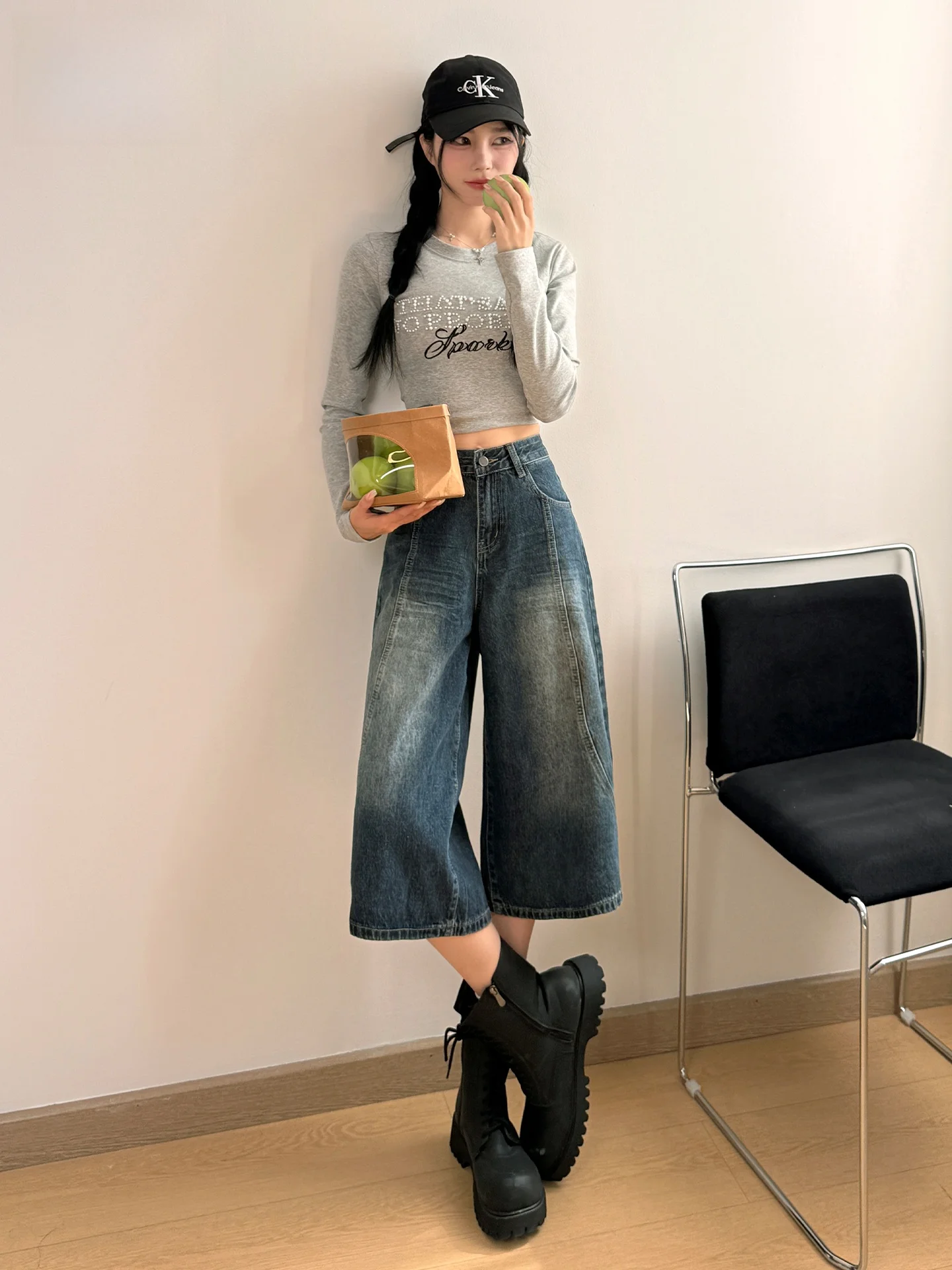 

Ретро-джинсы американского стиля, сине-серые, с эффектом потертости, широкие, свободные, прямого кроя, повседневные, с высокой талией, джинсовые брюки для женщин, весна-лето