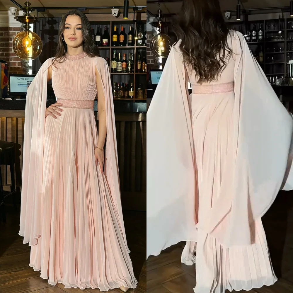 

Customized Evening Chiffon Sequined Draped Clubbing A-line High Collar Bespoke Occasion Gown Long Dresses