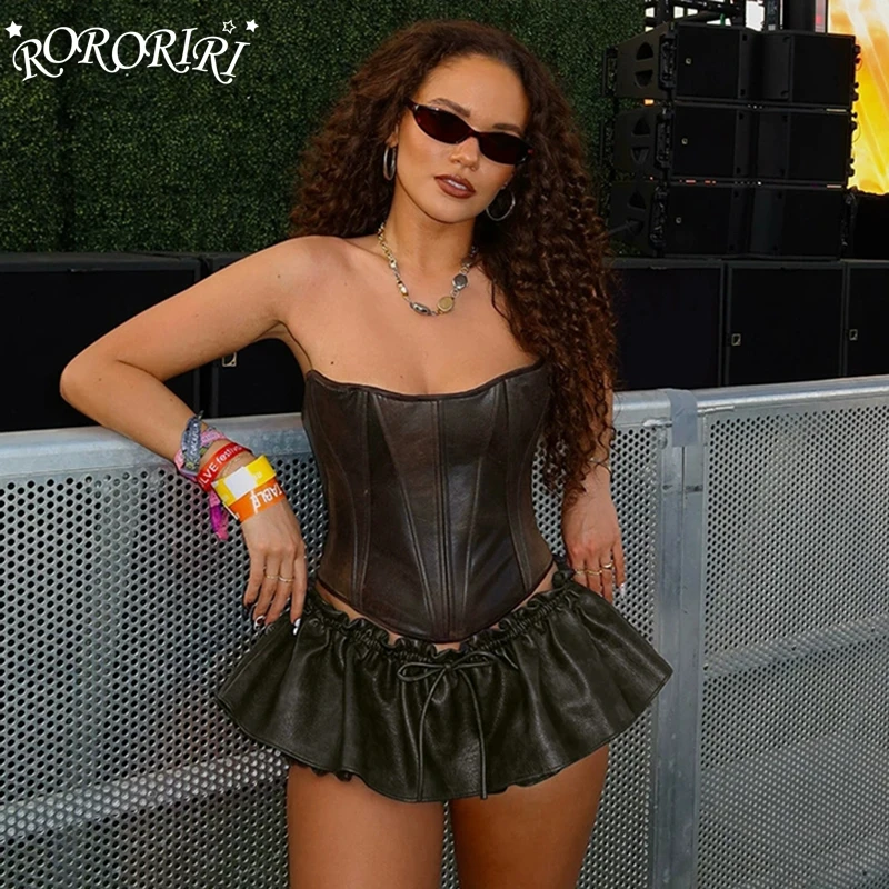 

RORORIRI Grayu Pleated Bandage Leather Skirt Women Punk Vintage Black Elastic Waist Mini Skirt Slip Pants Music Festival Outfit