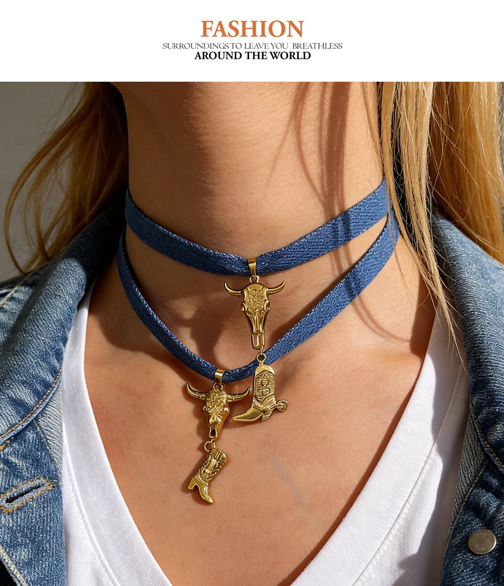 1 piece of personalized punk hip-hop titanium steel bullhead boots denim fabric collar, women's punk banquet daily versatile co
