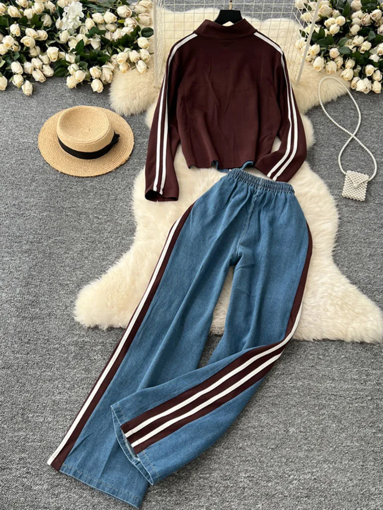 New Spring Women Fashion Casual denim Striped Straight Leg Pants Loose Long Sleeves Zipper Stand Collar Jackets Outerwear 2025