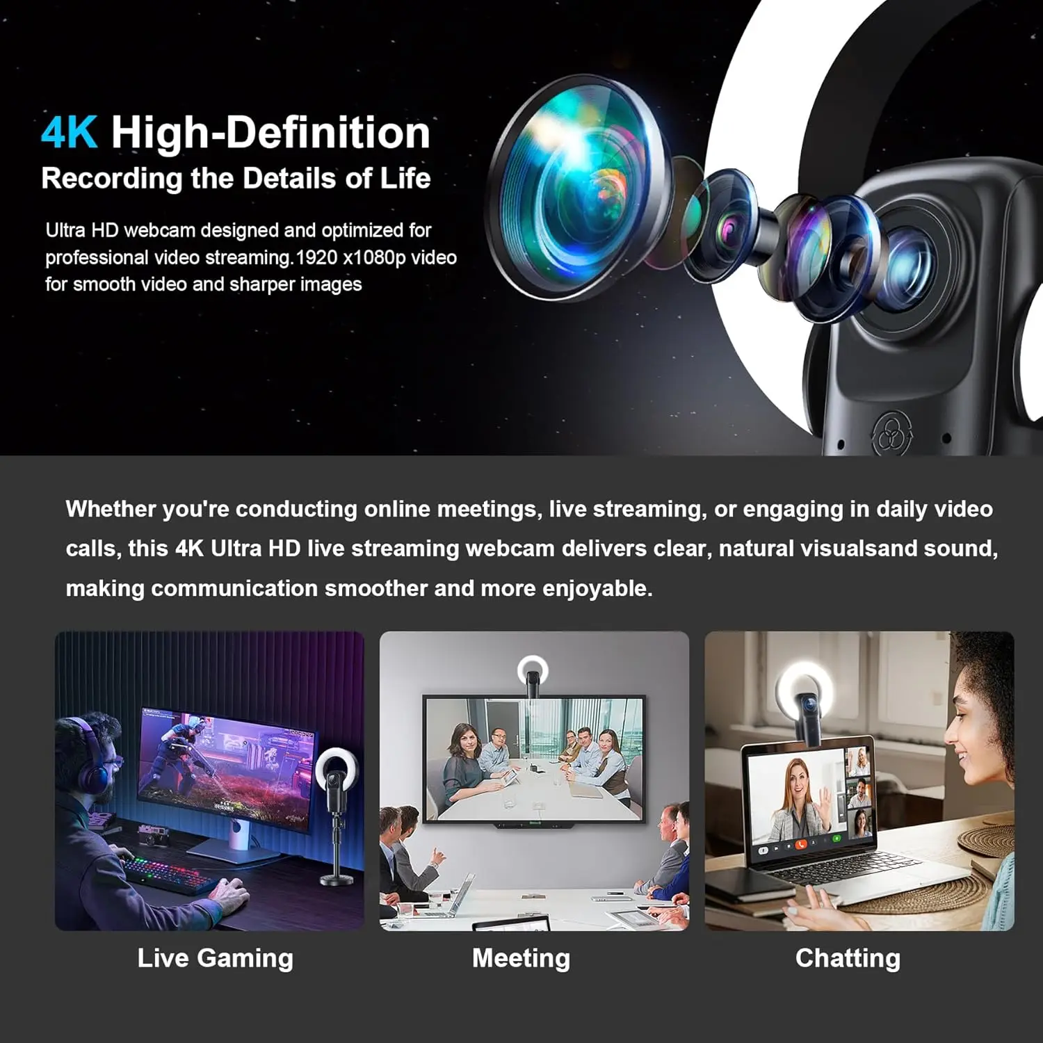 EXHQDR 4K Autofocus USB Webcam with Ring Light 3 Colors,Remote Control,Adjustable Settings,Mirror Flip,10X Zoom,Streaming Camera
