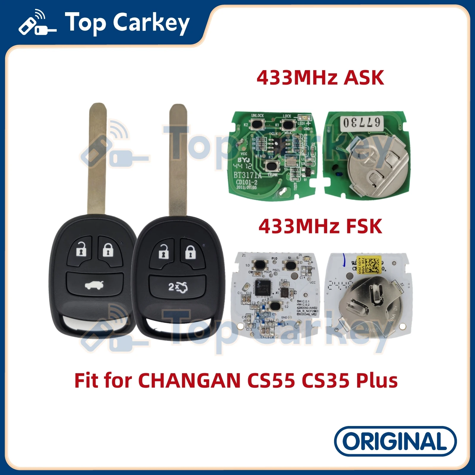 TopCarkey Original OEM Remote Control Key 433MHz for CHANGAN CS55 CS35 Eado Plus Eado XT Raeton Alsvin